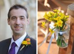 yellow buttonhole and flowers in a jam jar